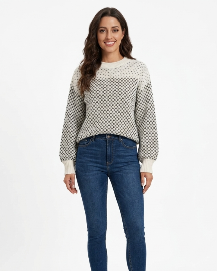 Faye Pulover de damă cu model pied-de-poule – pulover de iarnă moale, cu guler rotund, în stil elegant