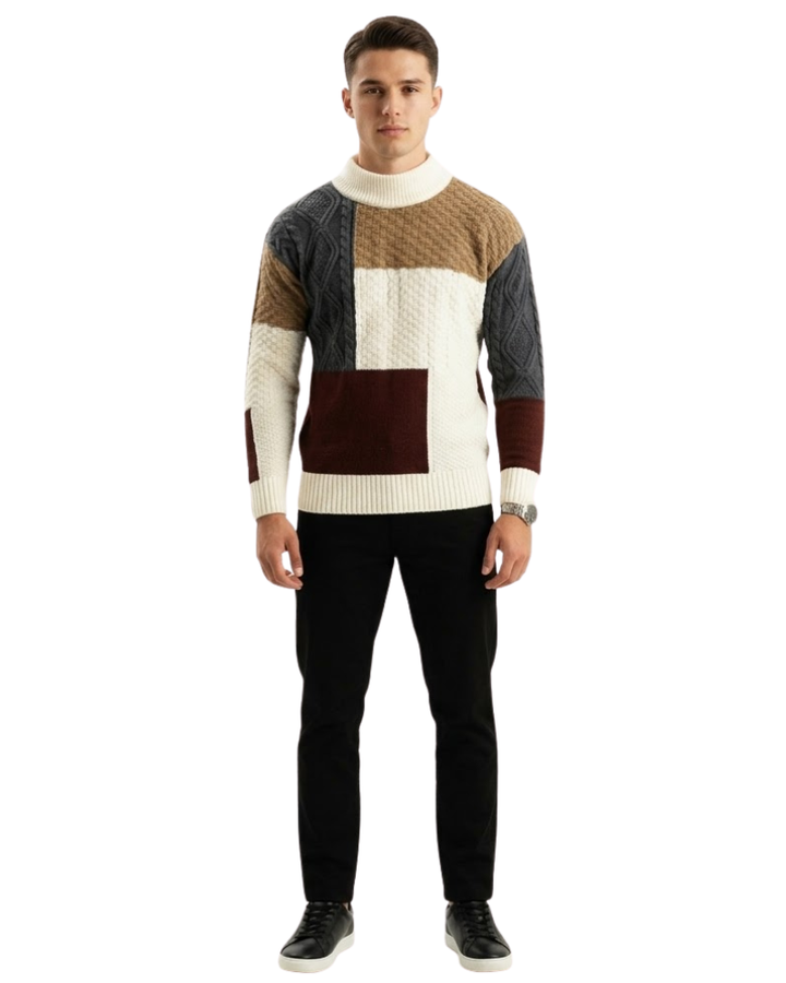 Pánský svetr Joshue Maglione Patchwork – měkký bavlněný svetr s kulatým výstřihem v ležérním stylu