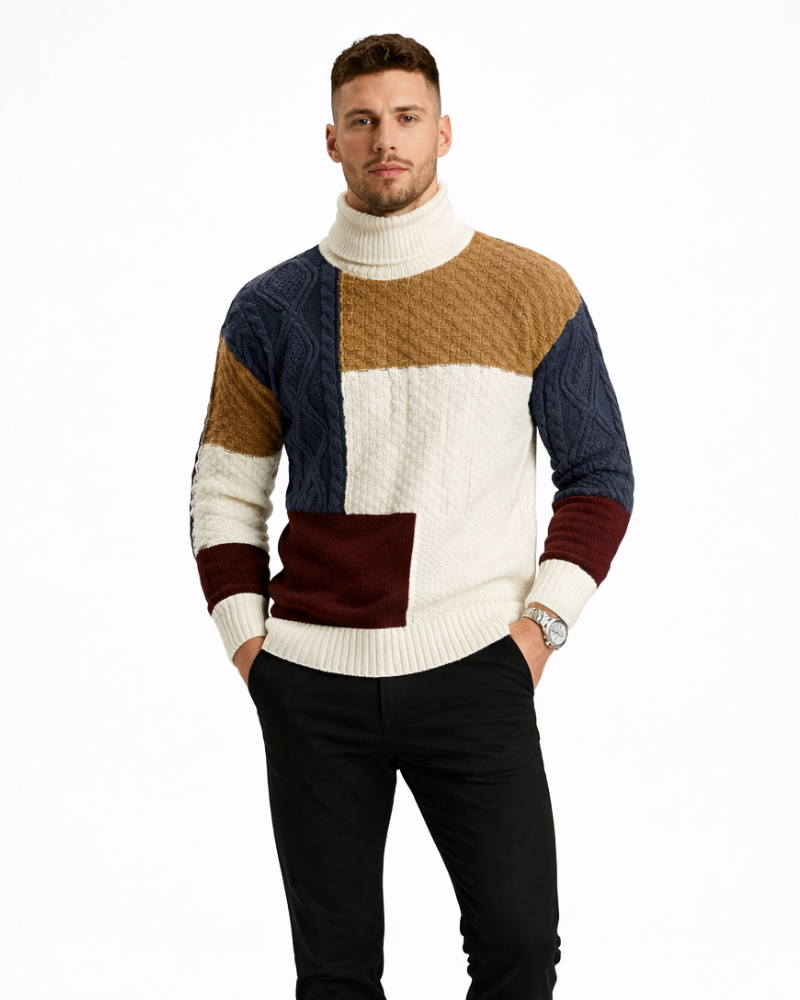 Pánský svetr Joshue Maglione Patchwork – měkký bavlněný svetr s kulatým výstřihem v ležérním stylu