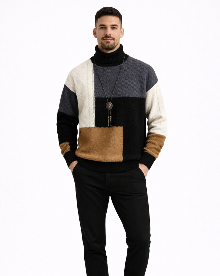 Pánský svetr Joshue Maglione Patchwork – měkký bavlněný svetr s kulatým výstřihem v ležérním stylu