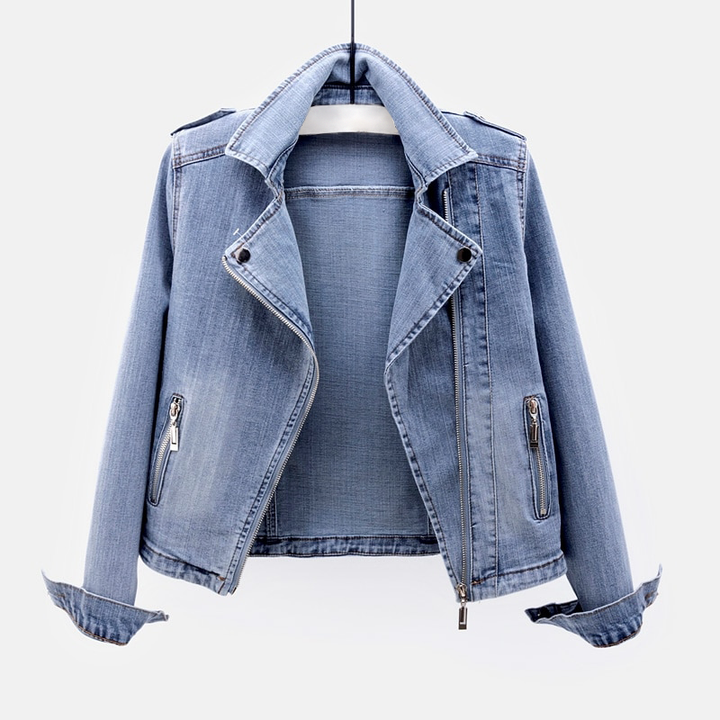 Jachetă din denim pentru femei cu mâneci lungi | Cu fermoar