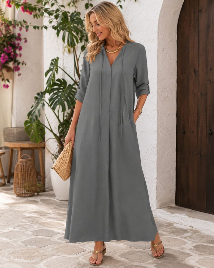 Eternza - Abito Maxi Elegante a Tinta Unita con Scollo a V da Donna