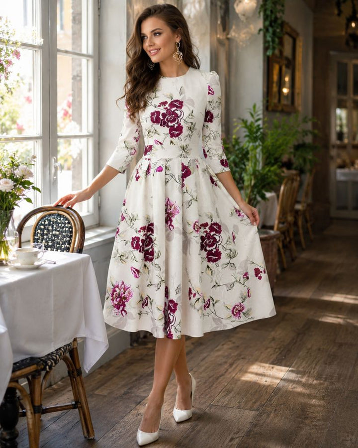 Eternza - Abito Midi Floreale Stile Retrò con Scollo Rotondo da Donna