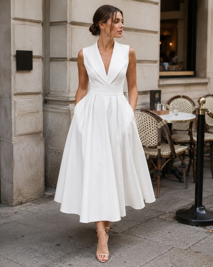 Anouk Abito Midi Elegante da Donna – Abito Svasato con Scollo a V e Tasche Laterali