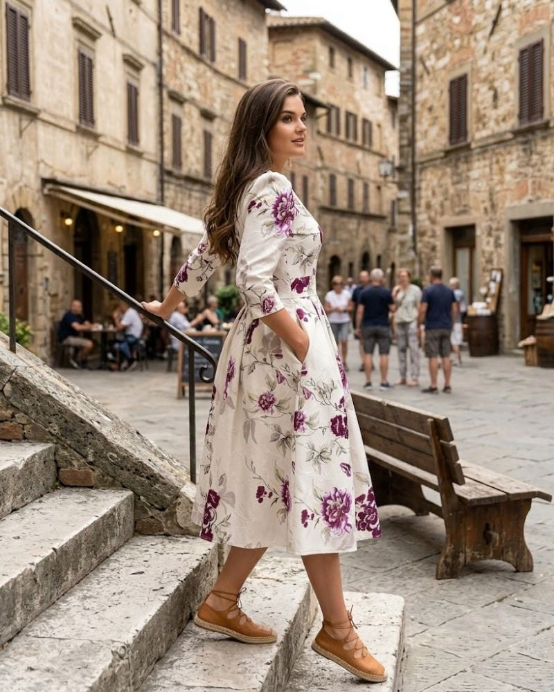 Eternza - Abito Midi Floreale Stile Retrò con Scollo Rotondo da Donna