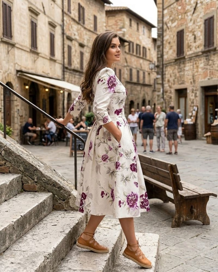 Eternza - Abito Midi Floreale Stile Retrò con Scollo Rotondo da Donna