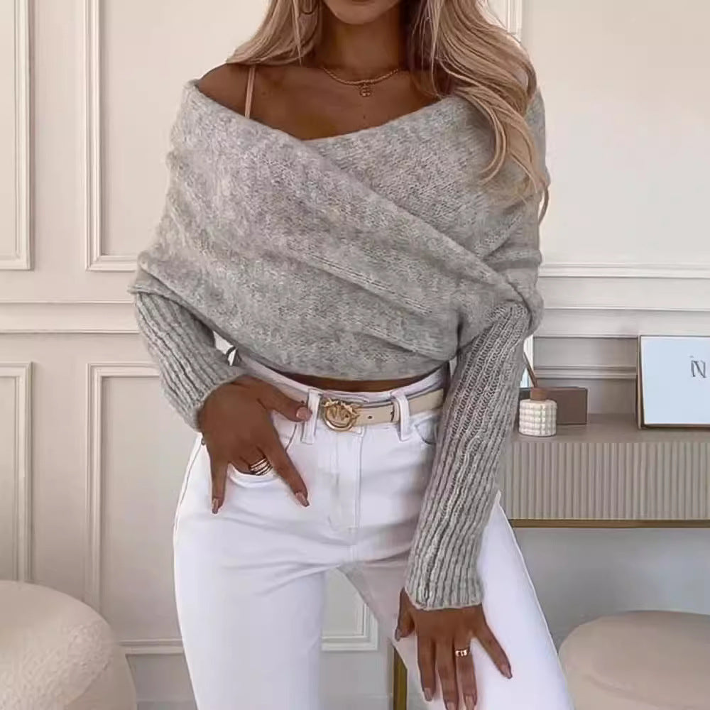 Hazel Maglione Donna Off-Shoulder – Pullover Avvolgente Morbido con Maniche a Coste Eleganti