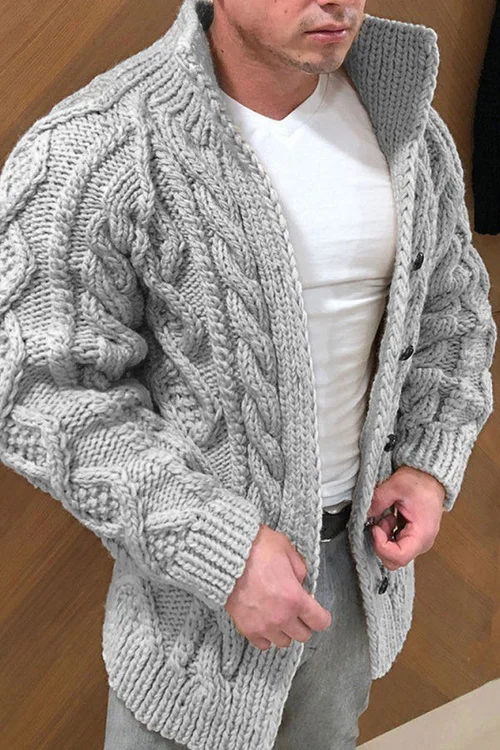 Carl Cardigan Uomo in Maglia – Vest Classico a Trecce con Collo Alto e Chiusura a Bottoni