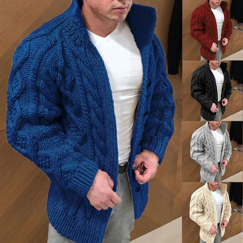 Carl Cardigan Uomo in Maglia – Vest Classico a Trecce con Collo Alto e Chiusura a Bottoni