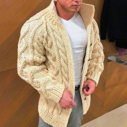 Carl Cardigan Uomo in Maglia – Vest Classico a Trecce con Collo Alto e Chiusura a Bottoni