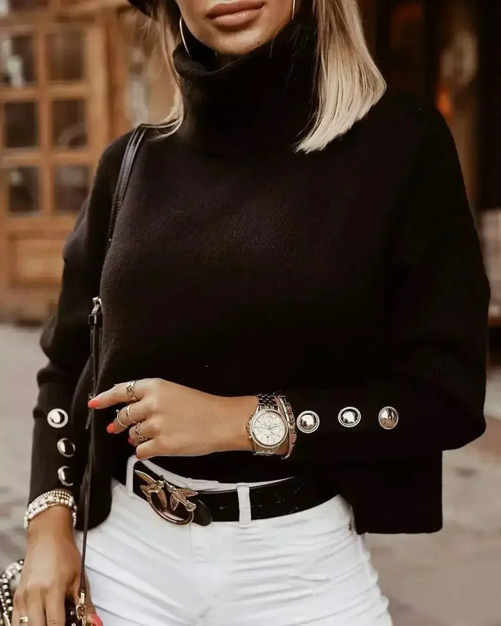 Γυναικείο πουλόβερ Clara Maglione με ψηλό λαιμό – Κομψό πλεκτό με κουμπιά στις μανσέτες
